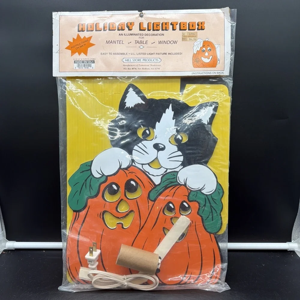 VTG Holiday Halloween Lightbox Table Decoration Light Fixture Cats Pumpkin
